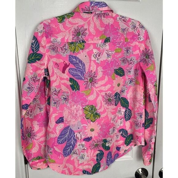 Lilly Pulitzer Sea View Collared Shirt Pink Isle Multi Linen Womens Size XS - Picture 9 of 9